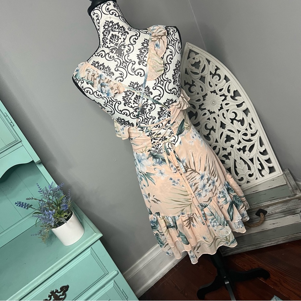 Lulus Sunrise Journey Blush Floral Lace Up Ruffle Mini Dress Size Small - Picture 12 of 16